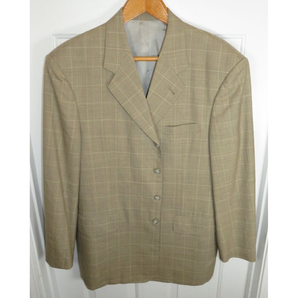 Elevee Blazer Jacket 46 R Taupe Beige Windowpane Surgeons Cuff FLAW* 4 Button